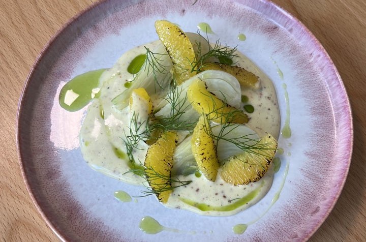 Sous vide fennel with mustard foam and caramelized oranges