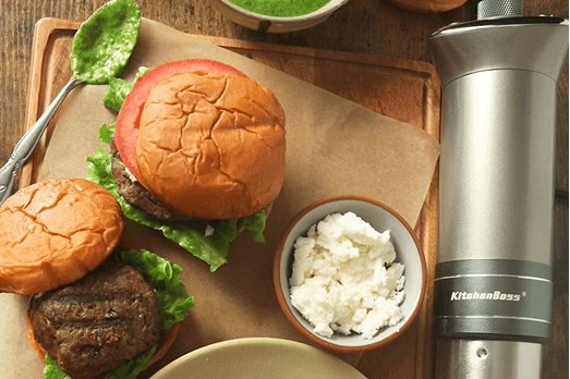 Sous Vide Indian Spiced Lamb Burger with yogurt chutney & feta cheese